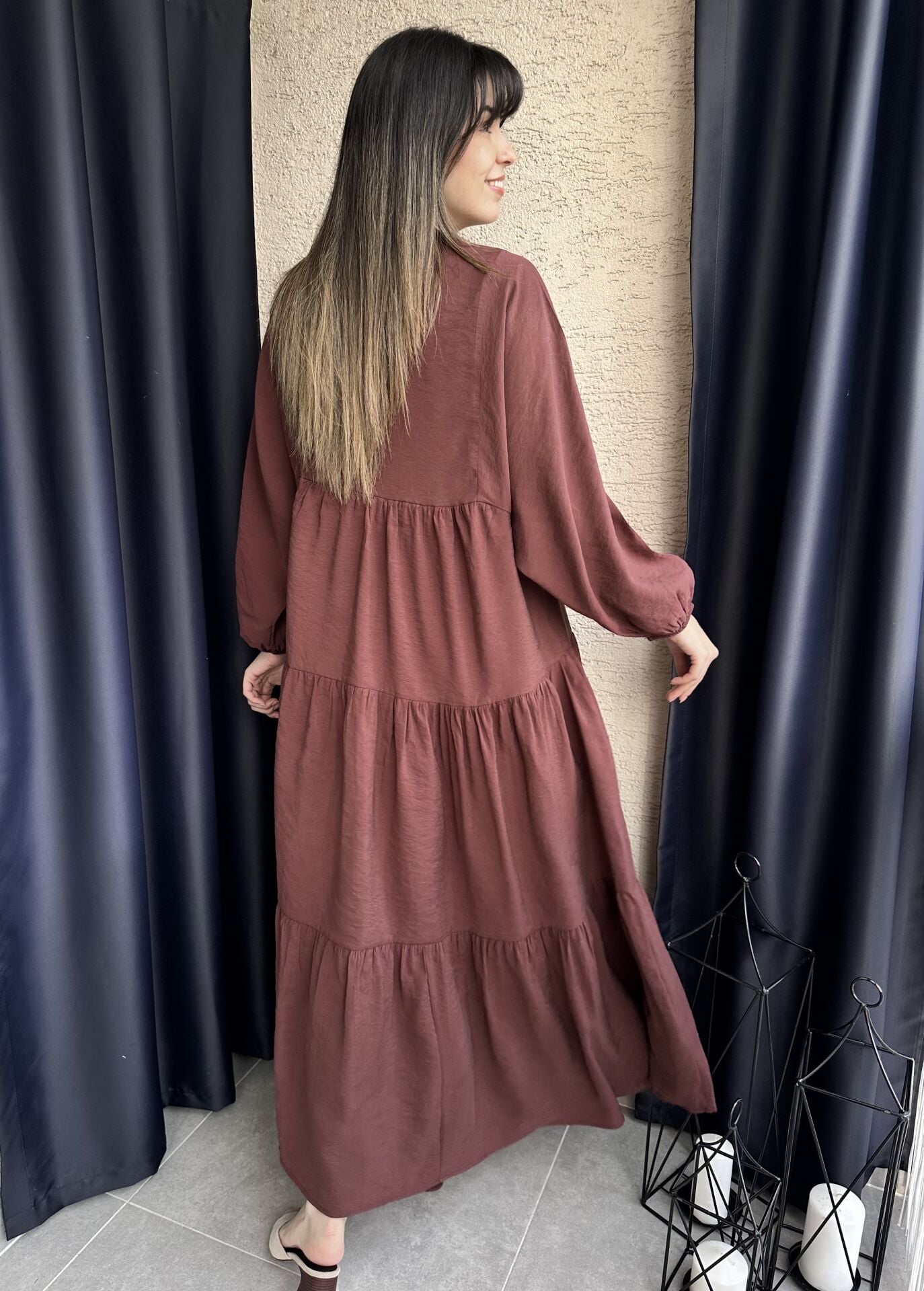 Mürdüm Balon Kol Maksi Elbise