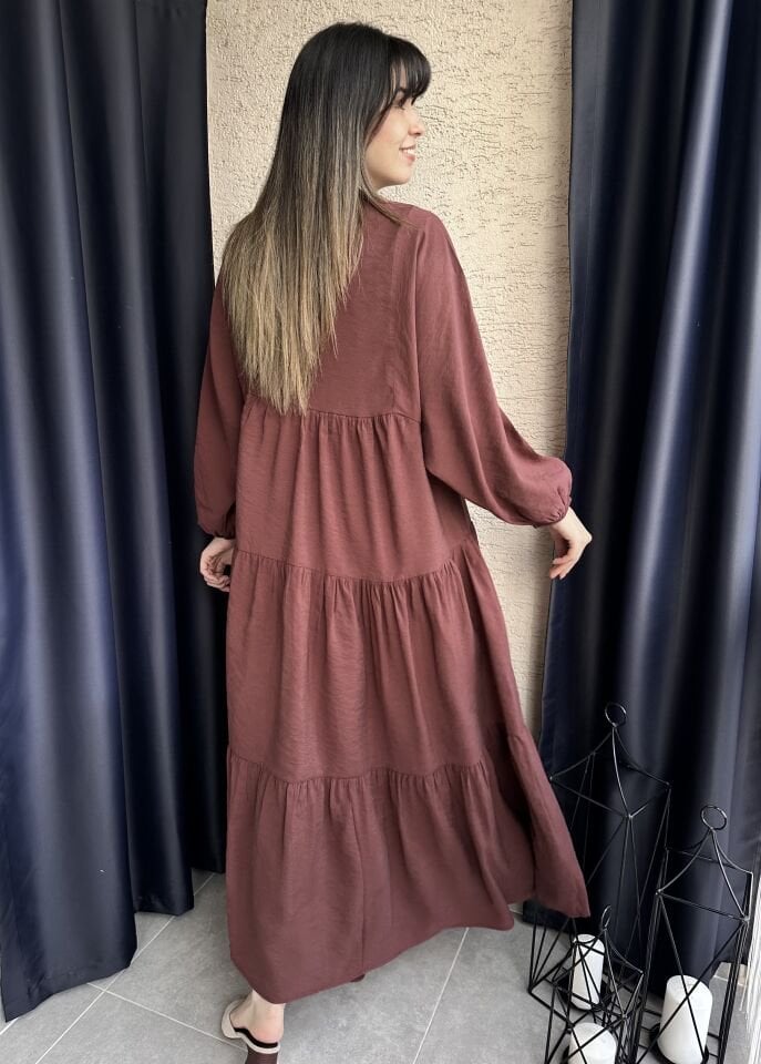 Mürdüm Balon Kol Maksi Elbise