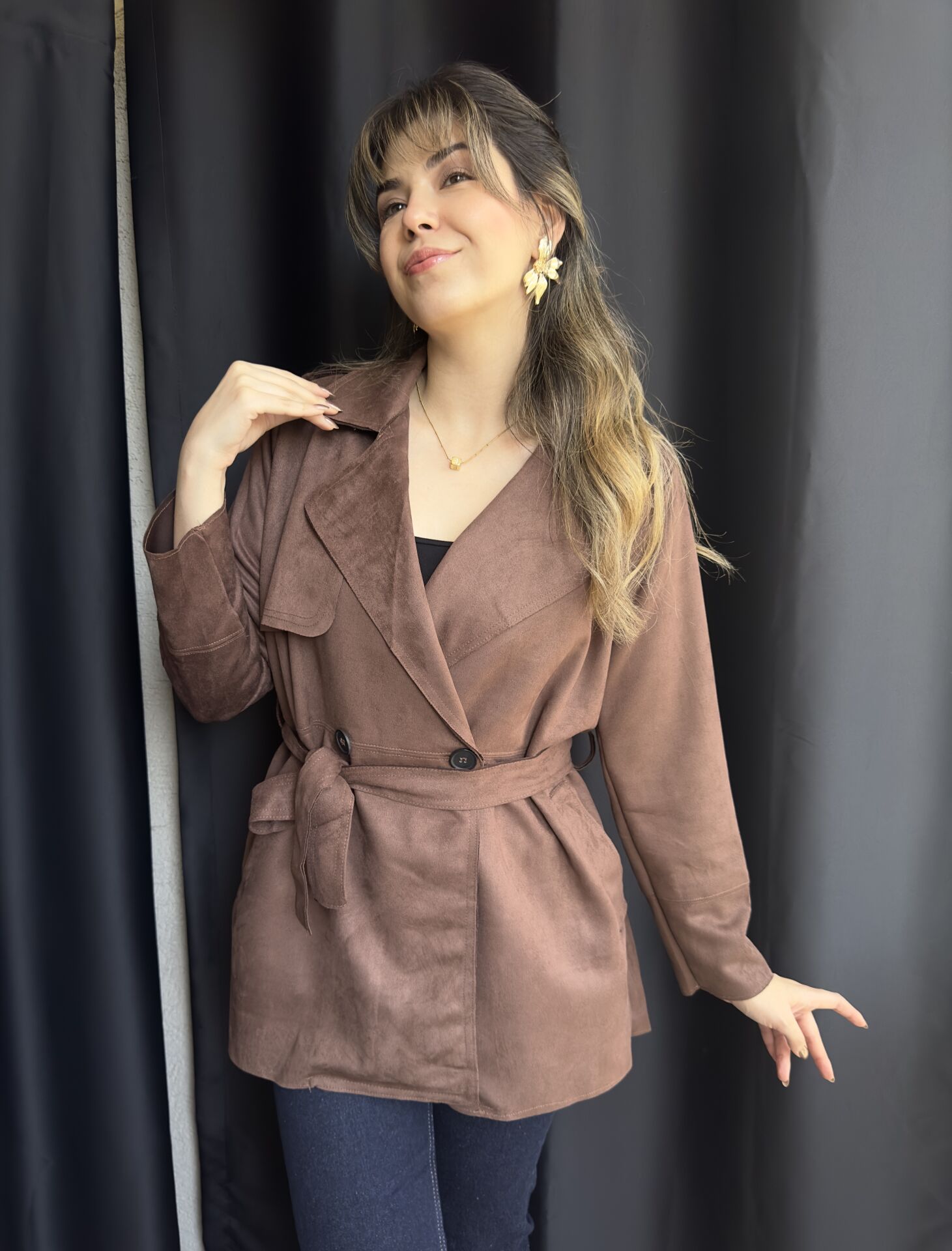 Kahverengi Süet Kısa Trençkot