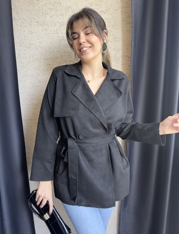 Siyah Süet Kısa Trençkot