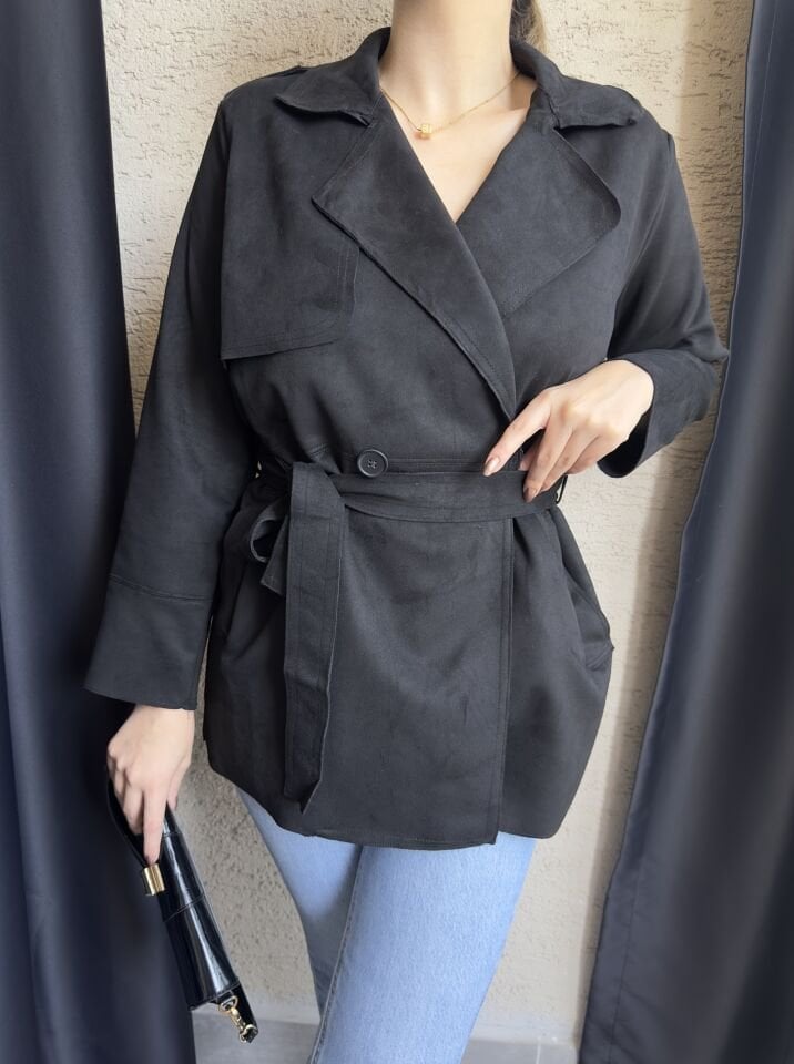 Siyah Süet Kısa Trençkot