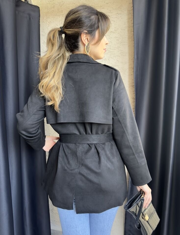 Siyah Süet Kısa Trençkot