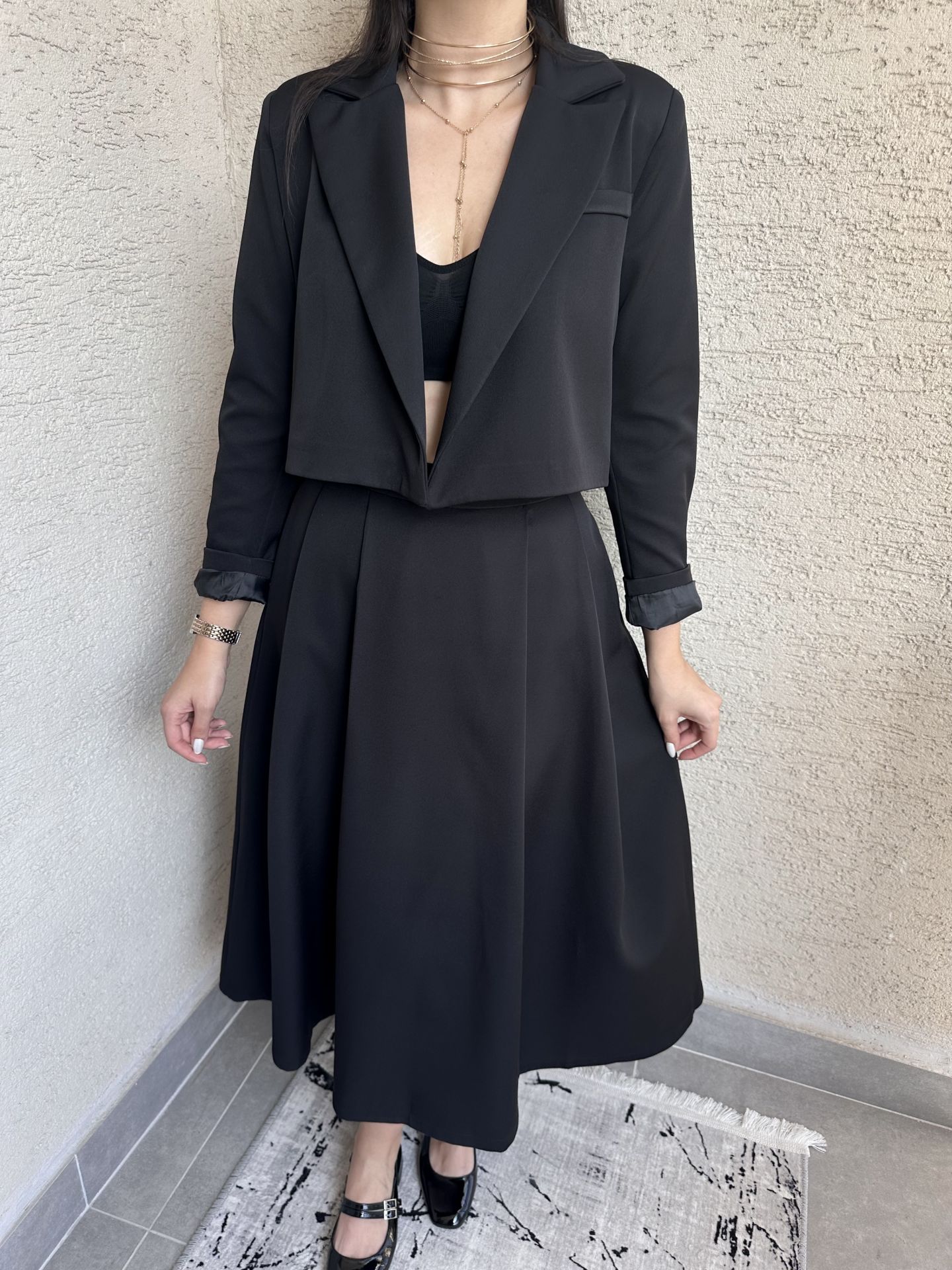 Siyah Çember Pileli Midi Boy Etek