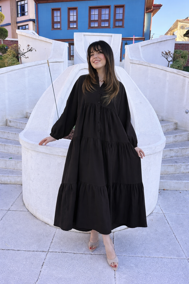 Siyah Balon Kol Maksi Elbise