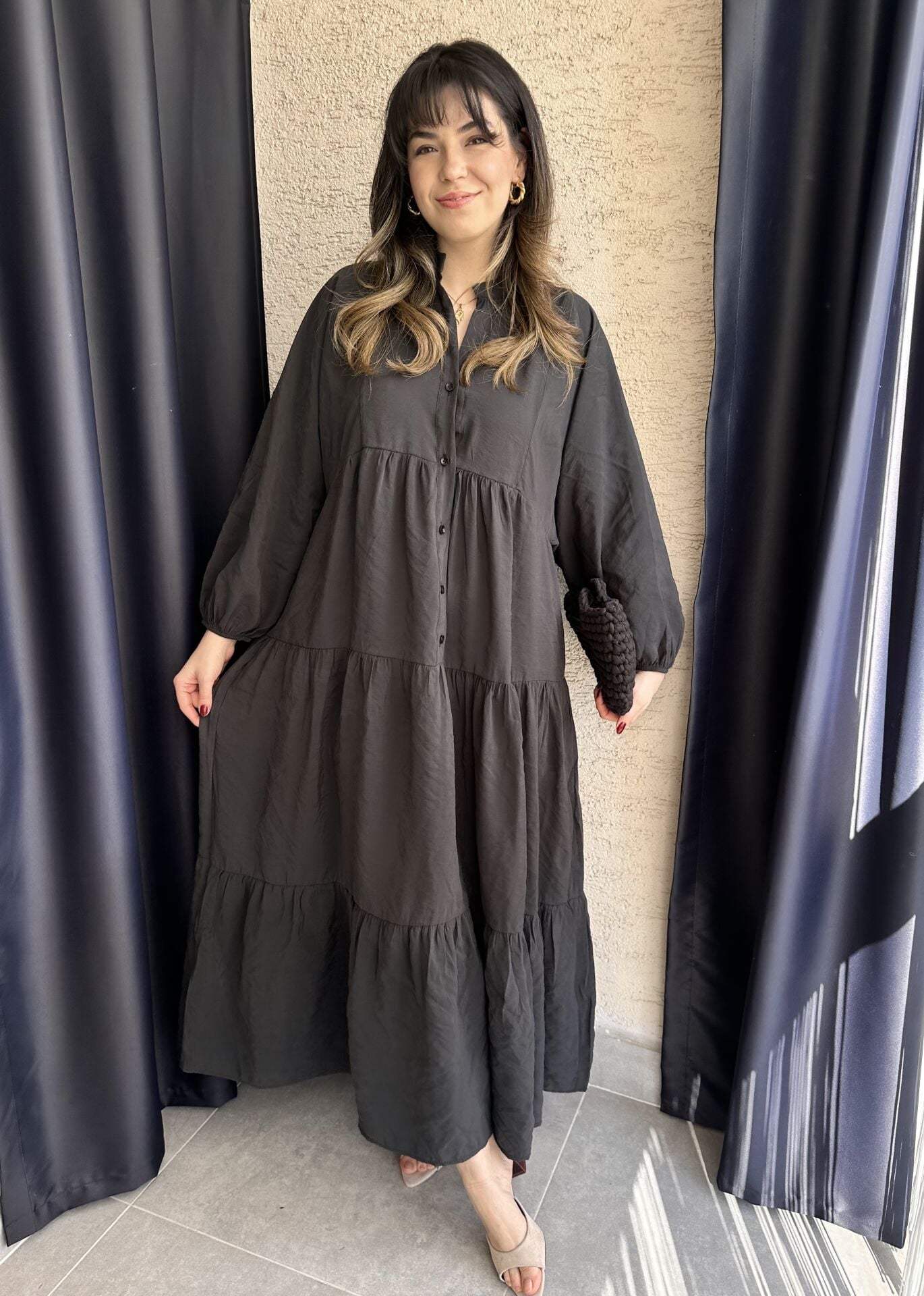 Siyah Balon Kol Maksi Elbise