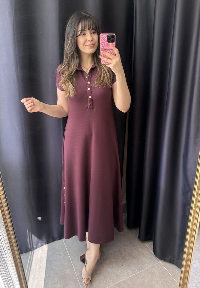 Çıtçıtlı Bordo Kısa Kollu Elbise