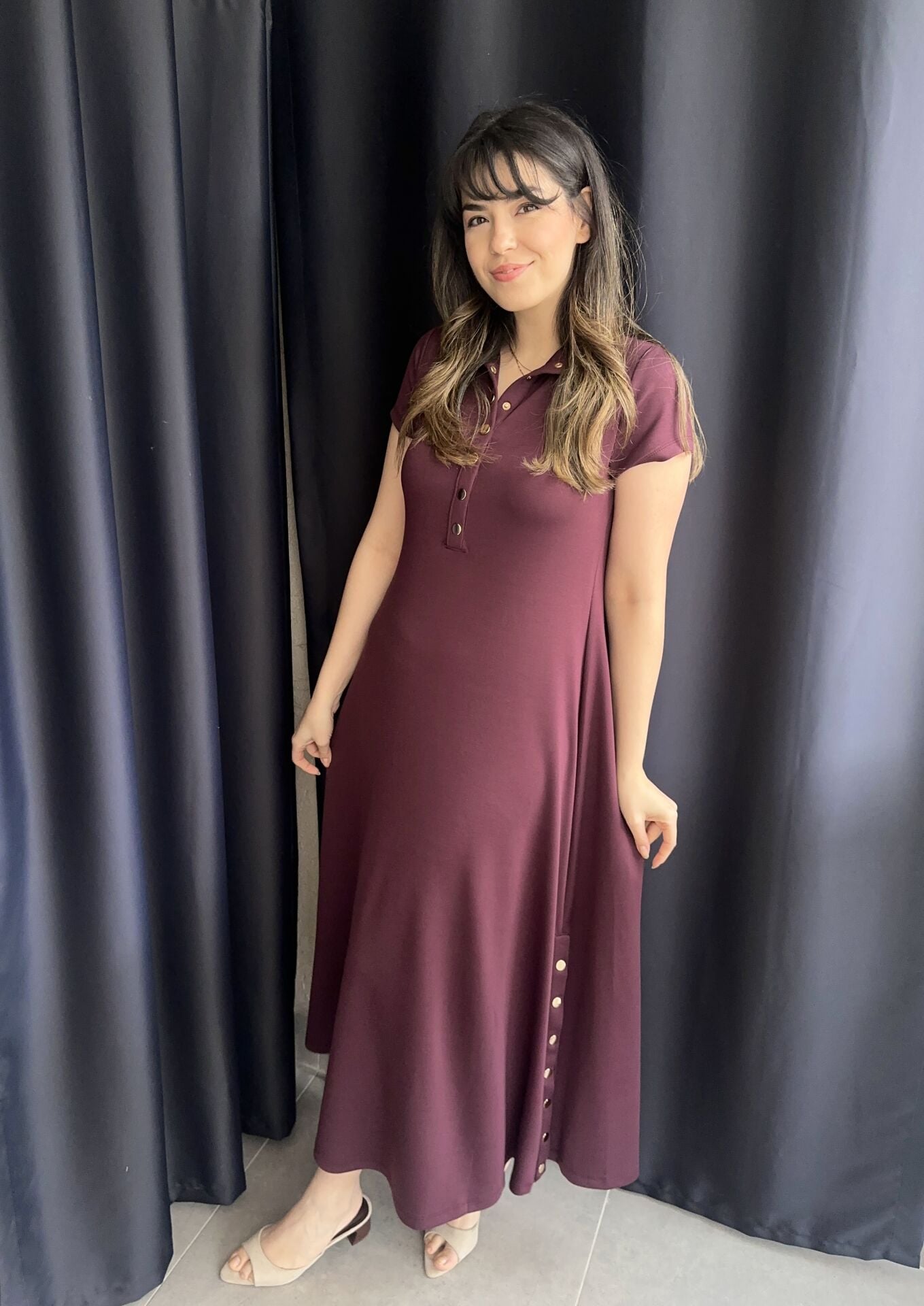 Çıtçıtlı Bordo Kısa Kollu Elbise