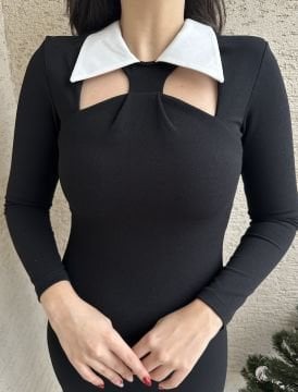 Vatkalı Yaka Detaylı Siyah Midi Elbise