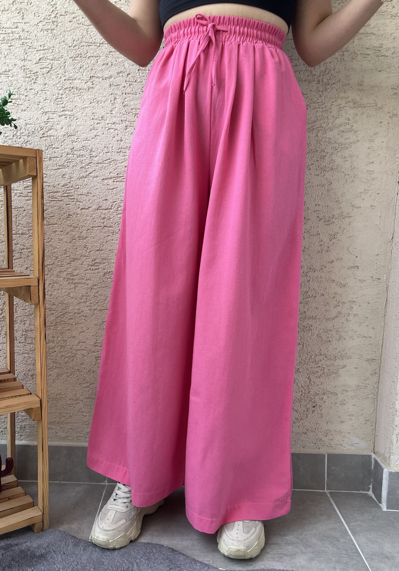 Keten Geniş Paça Palazzo Pembe