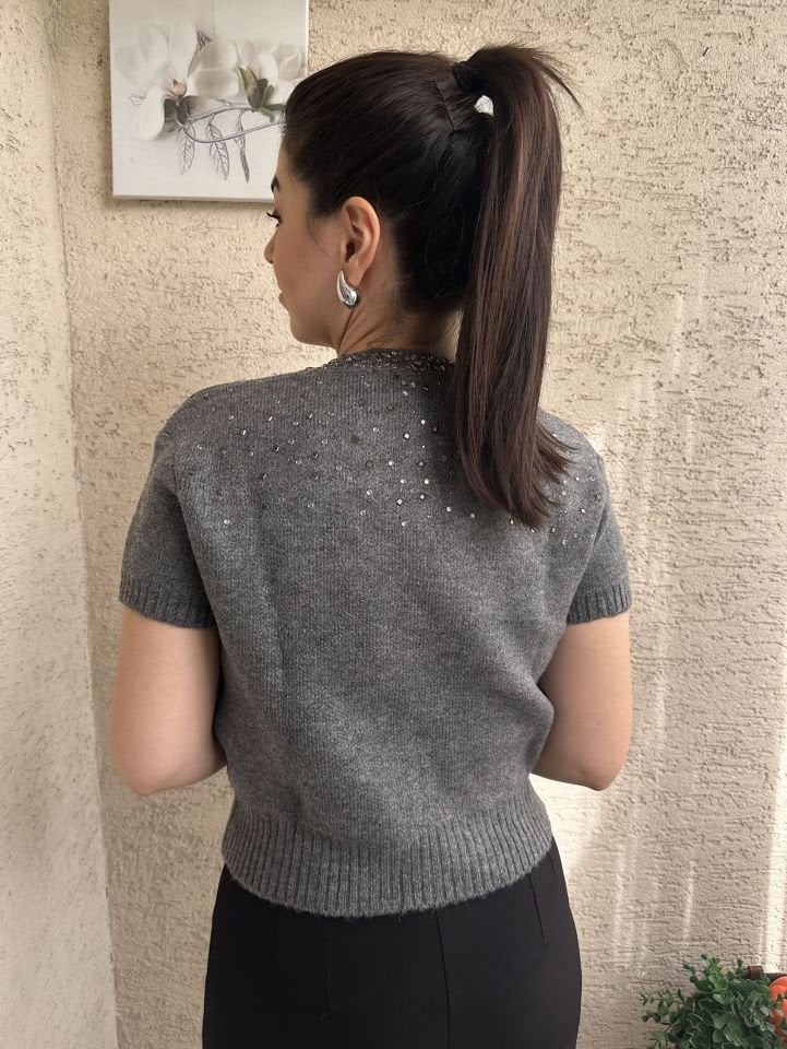 Antrasit Minik Taşlı Çelik Örme Kısa Kollu Hırka