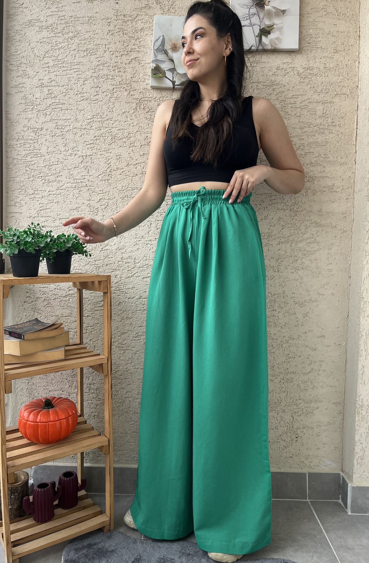 Keten Geniş Paça Palazzo Yeşil