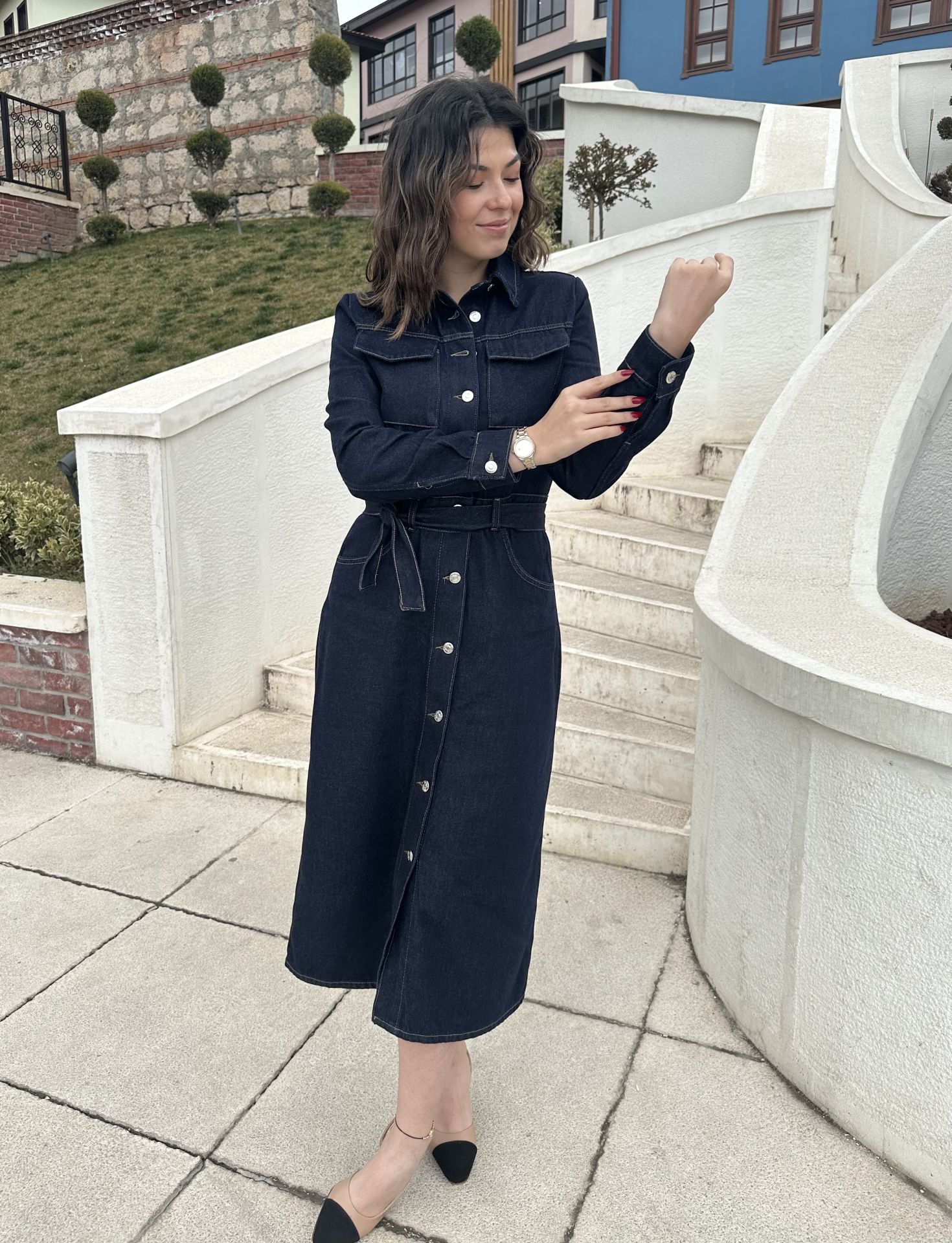 Metal Düğmeli Midi Boy Kot Elbise