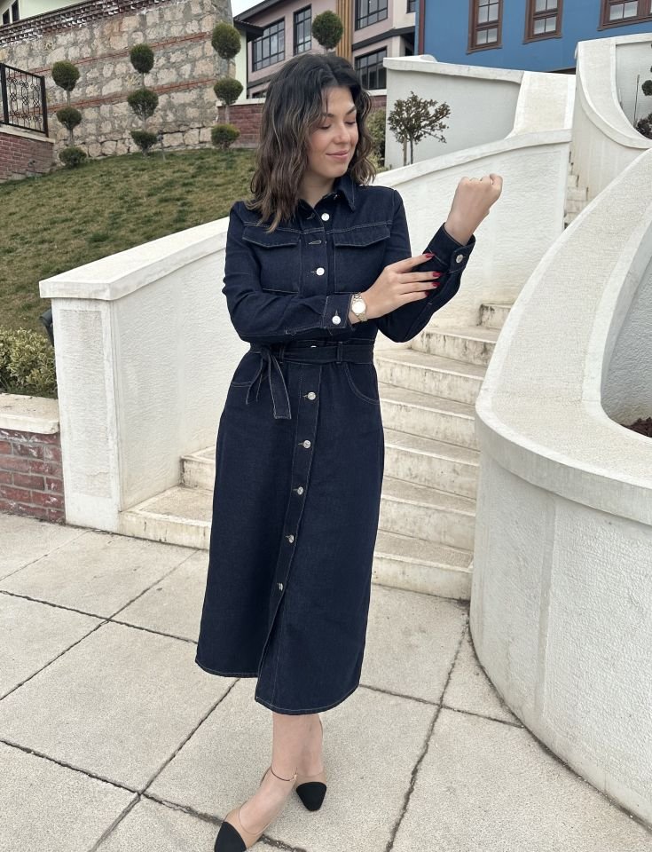 Metal Düğmeli Midi Boy Kot Elbise