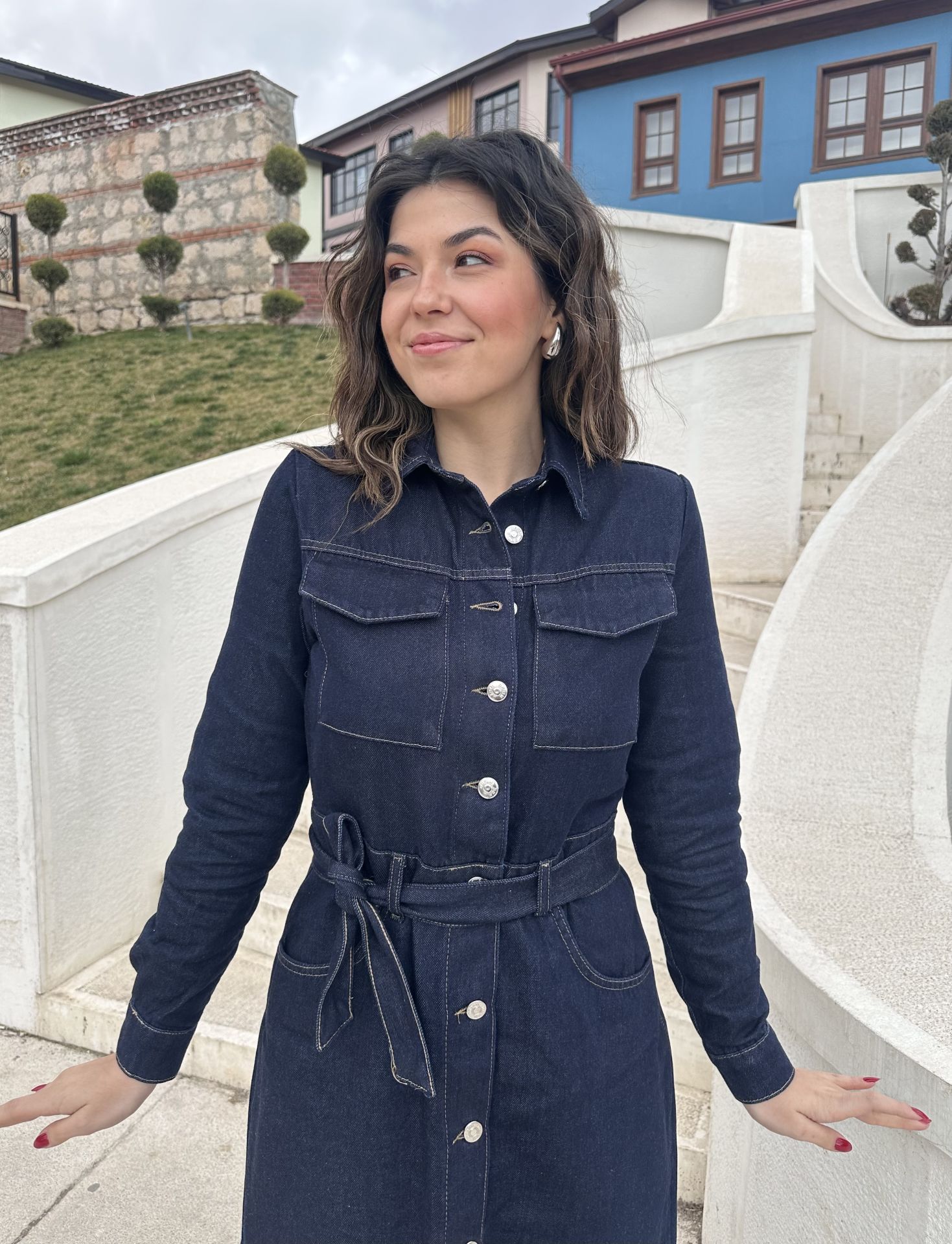 Metal Düğmeli Midi Boy Kot Elbise