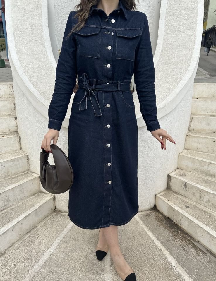 Metal Düğmeli Midi Boy Kot Elbise