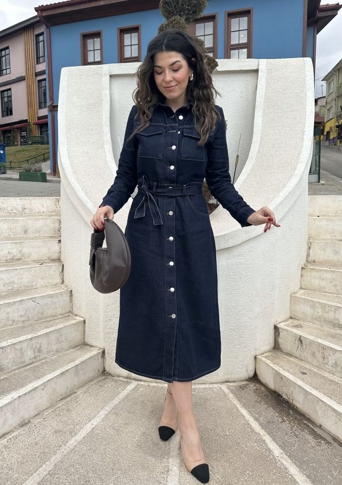 Metal Düğmeli Midi Boy Kot Elbise