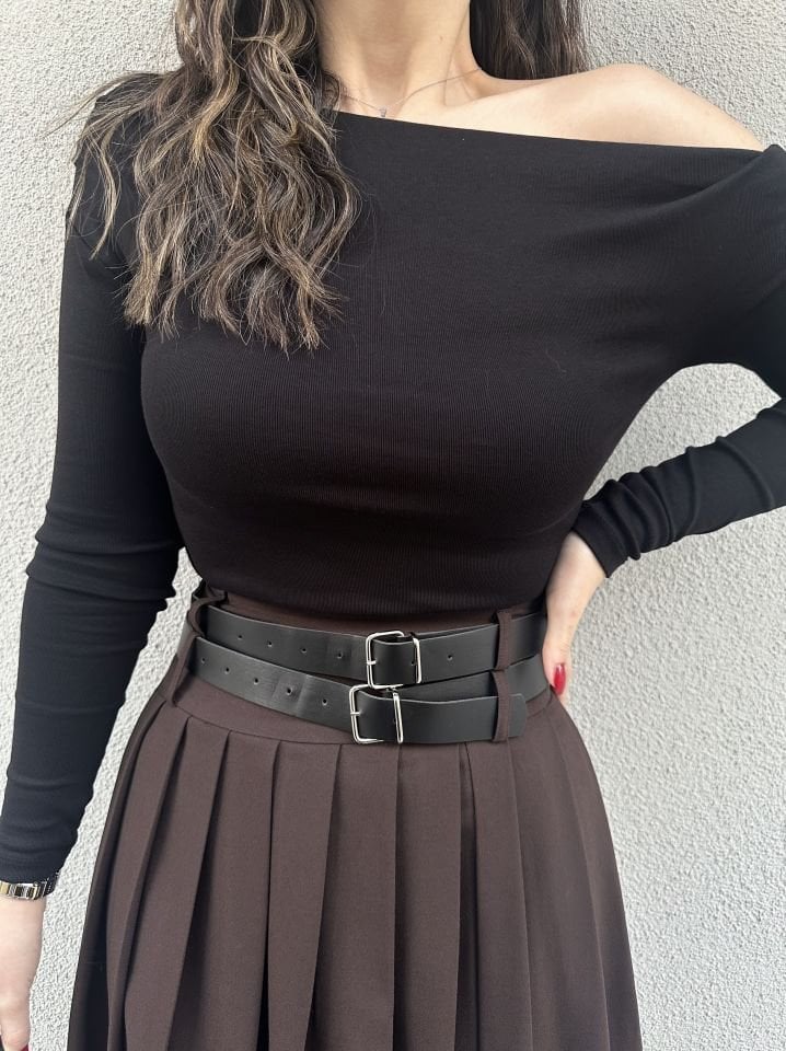Kahverengi Kemerli Yırtmaçlı Kemerli Midi Boy Etek