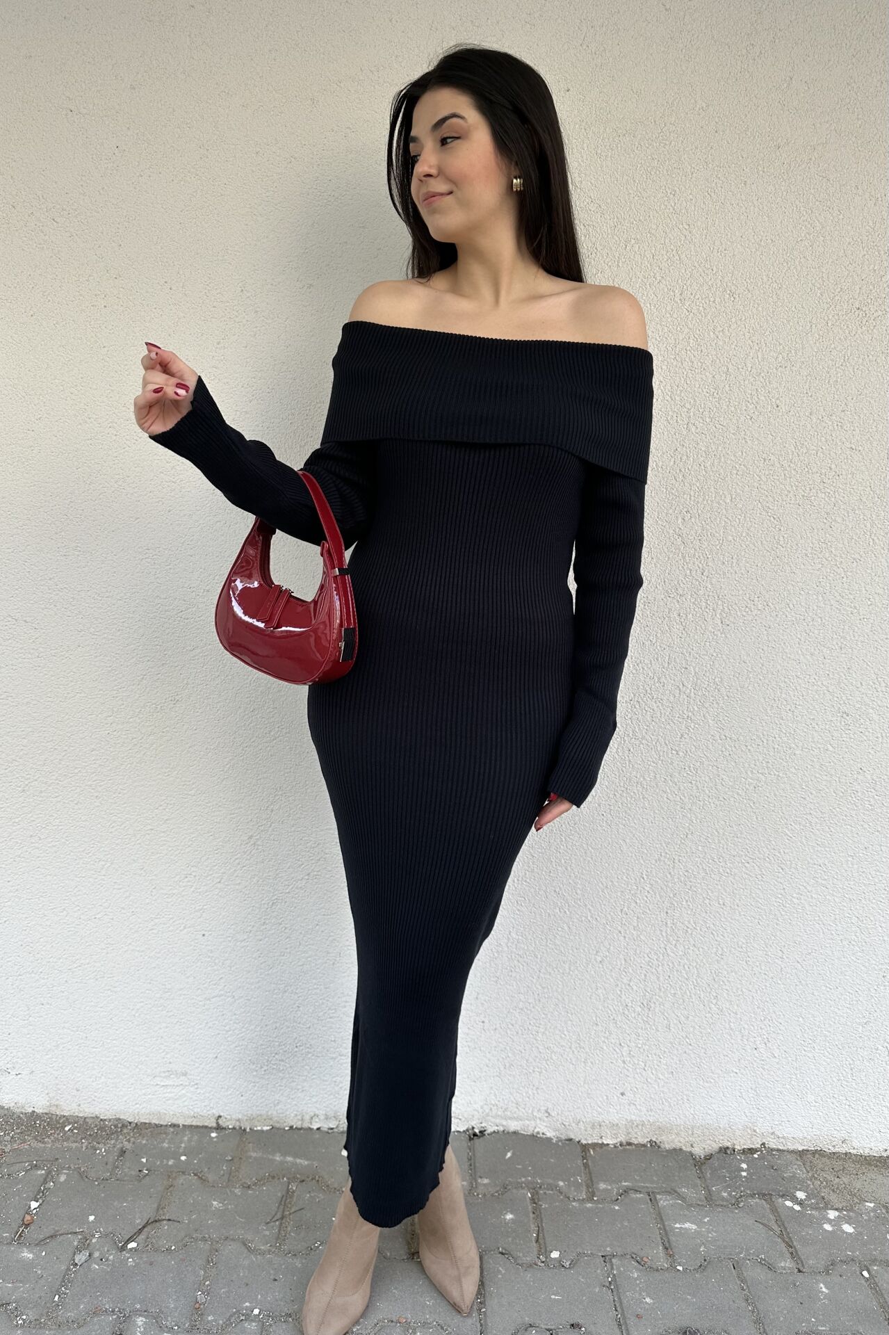 Madonna Yaka Lacivert Triko Elbise