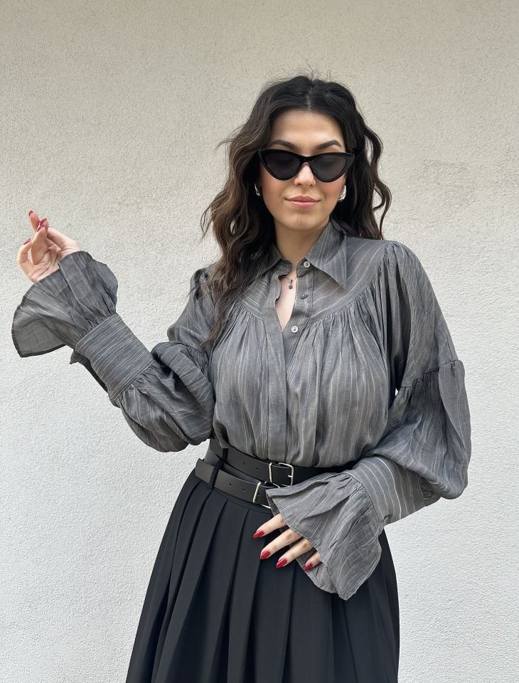 Antrasit Büzgü Ve Kol Detaylı Gömlek