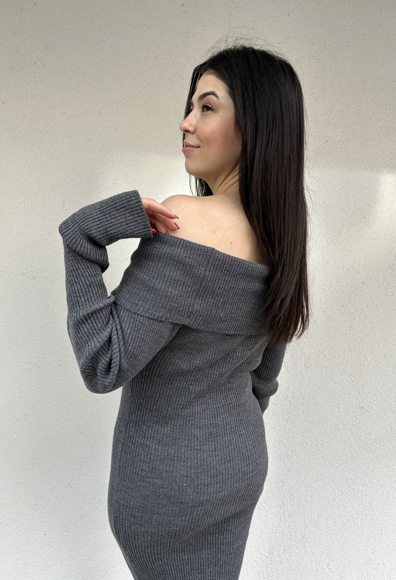 Madonna Yaka Antrasit Triko Elbise