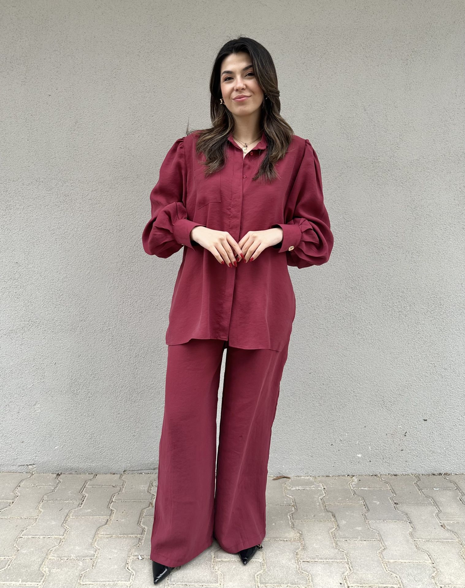 Balon Kol Gömlek Pantolon Takım Bordo