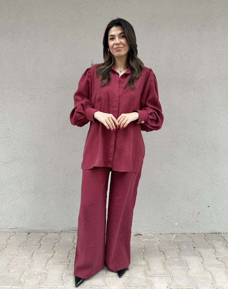 Balon Kol Gömlek Pantolon Takım Bordo