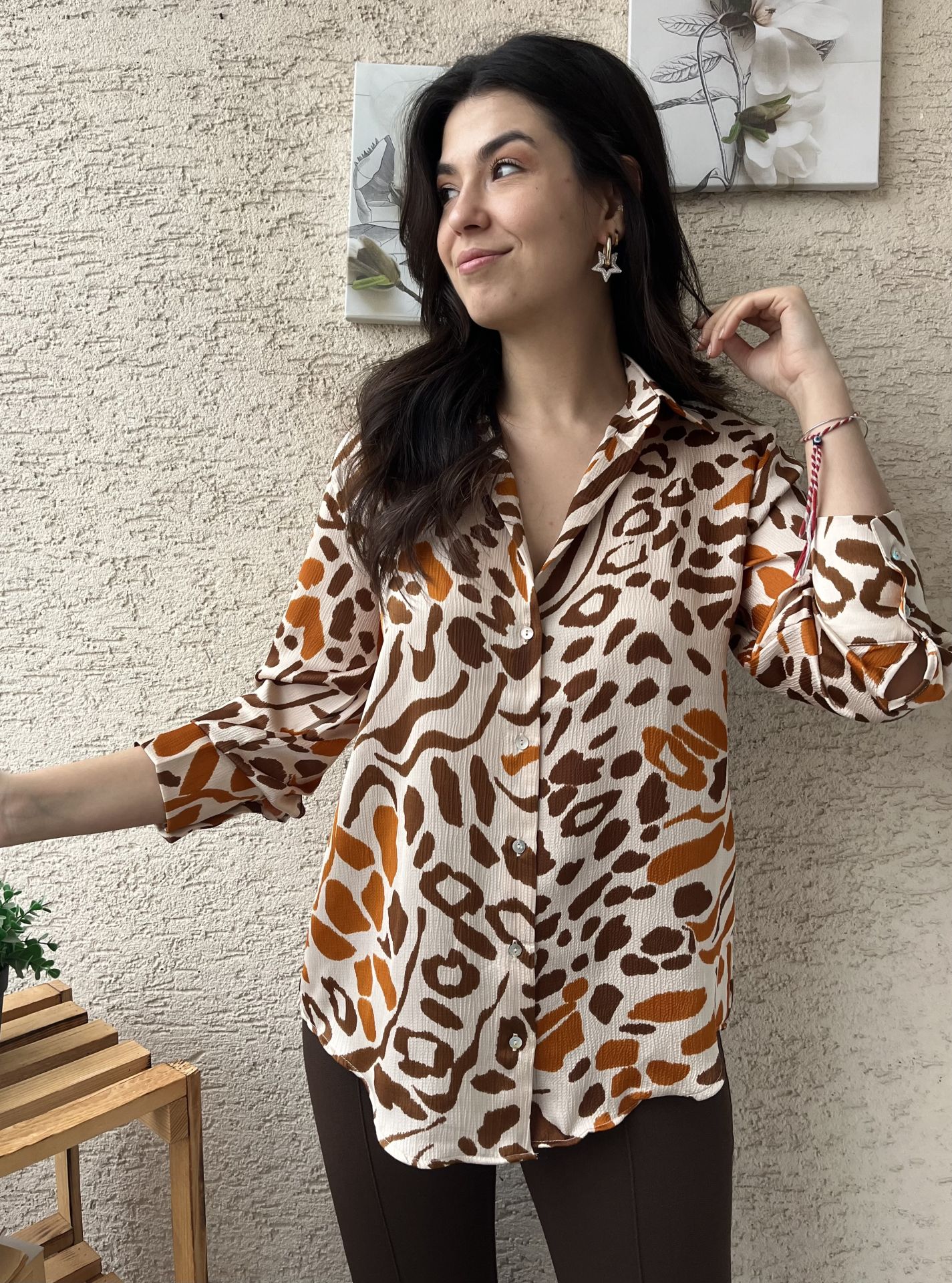 Leopar Desenli Saten Gömlek