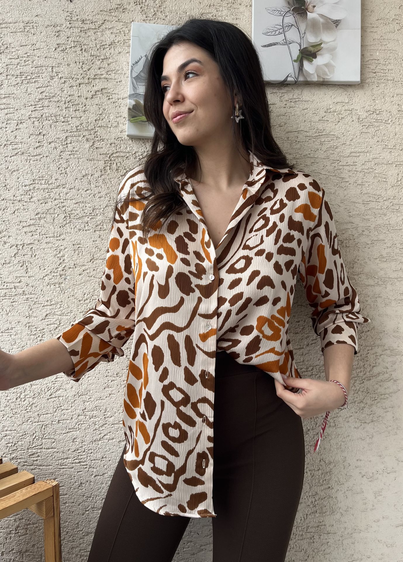 Leopar Desenli Saten Gömlek
