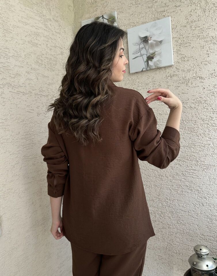 Ruru Kahverengi Keten Gömlek Pantolon Takım