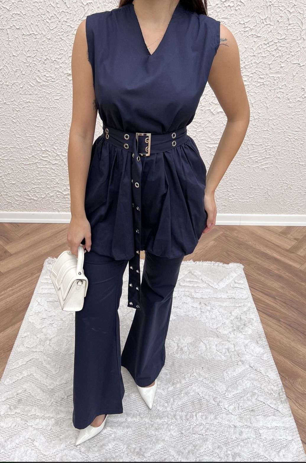 Balon Bluz Kemerli Takım  Lacivert