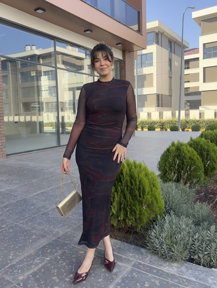 Bordo Batik Desen Drapeli Şifon Kalem Elbise