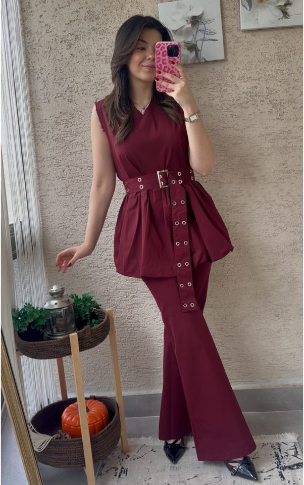 Balon Bluz Kemerli Takım Bordo