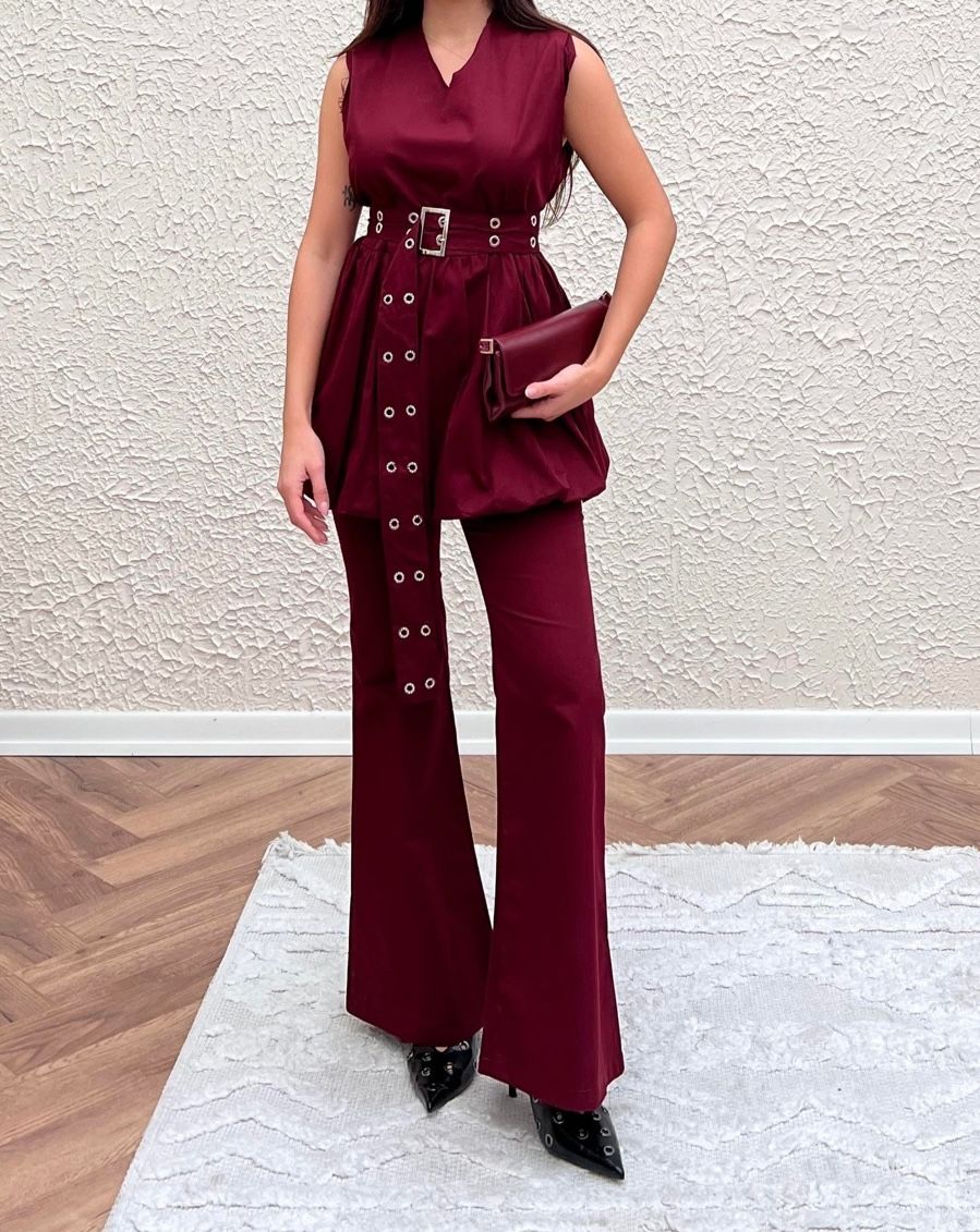 Balon Bluz Kemerli Takım Bordo