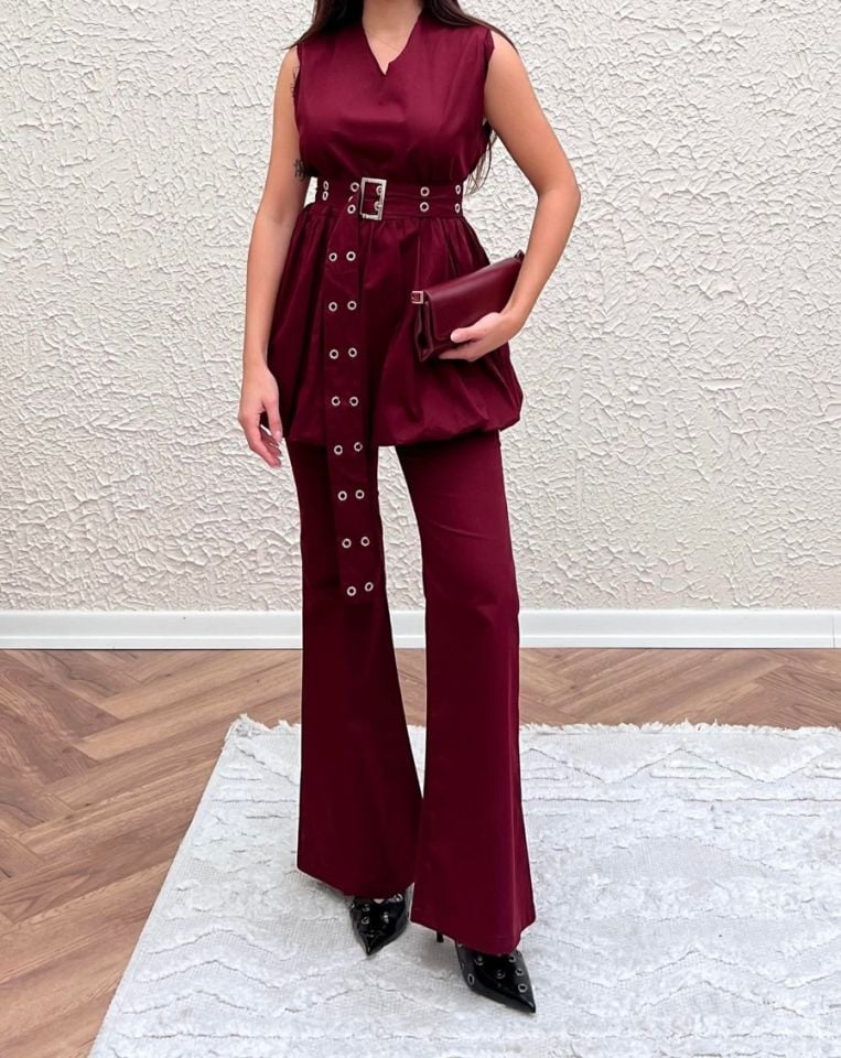 Balon Bluz Kemerli Takım Bordo