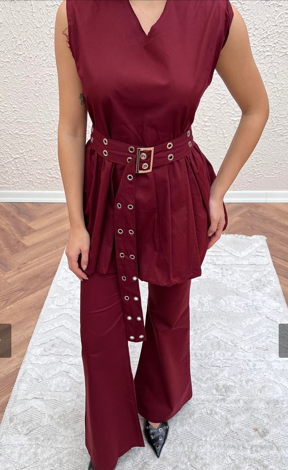 Balon Bluz Kemerli Takım Bordo