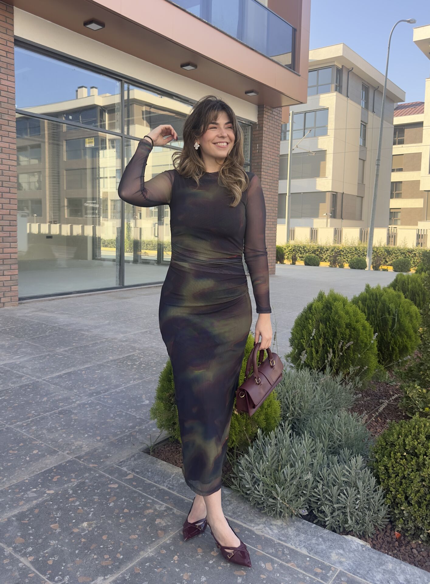 Yeşil Batik Desen Drapeli Şifon Kalem Elbise