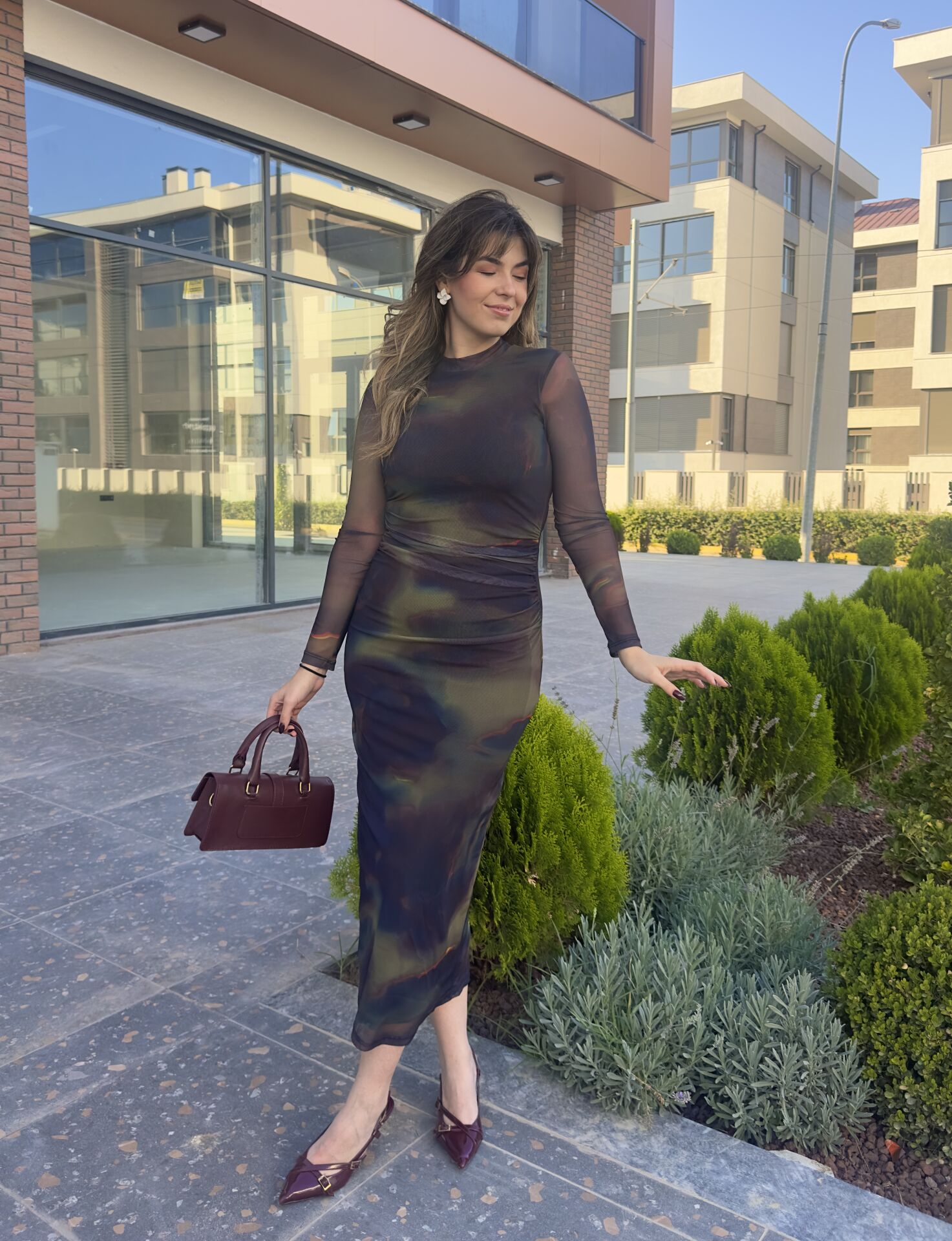 Yeşil Batik Desen Drapeli Şifon Kalem Elbise