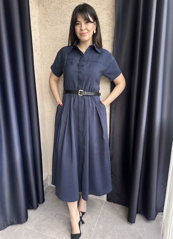 Klara Kısa Kollu Kemerli Lacivert Elbise