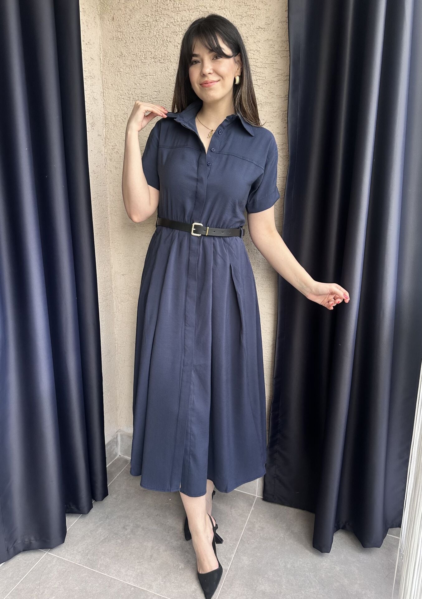 Klara Kısa Kollu Kemerli Lacivert Elbise