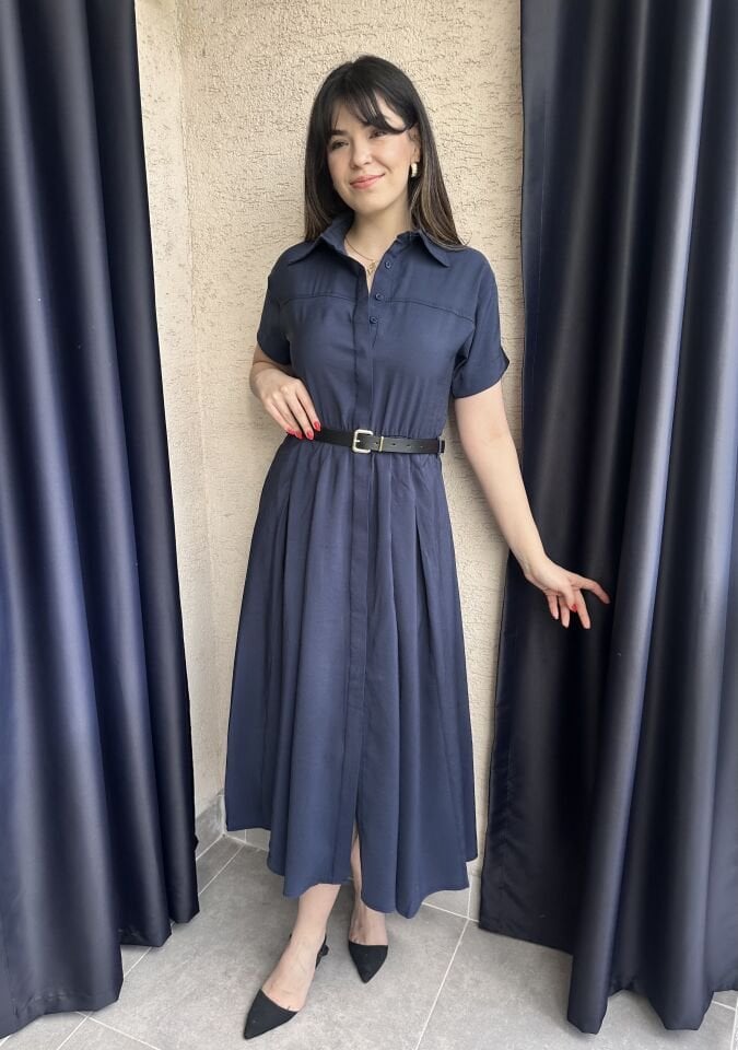 Klara Kısa Kollu Kemerli Lacivert Elbise