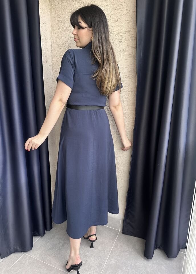 Klara Kısa Kollu Kemerli Lacivert Elbise