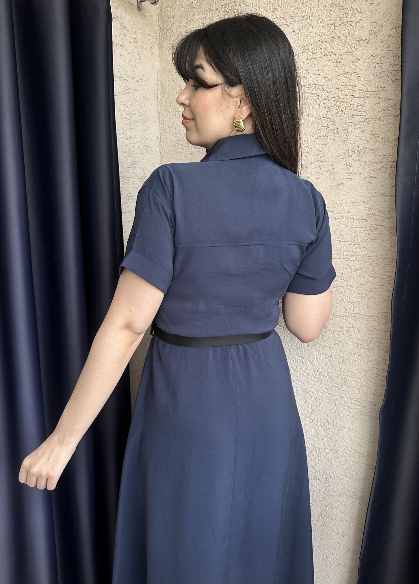 Klara Kısa Kollu Kemerli Lacivert Elbise