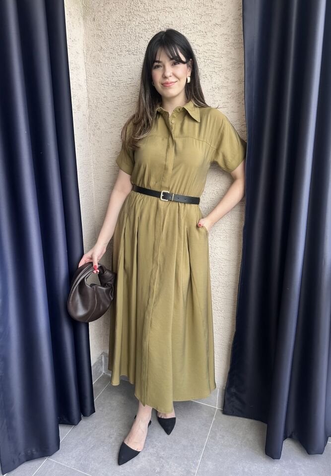 Klara Kısa Kollu Kemerli Yağ Yeşili Elbise