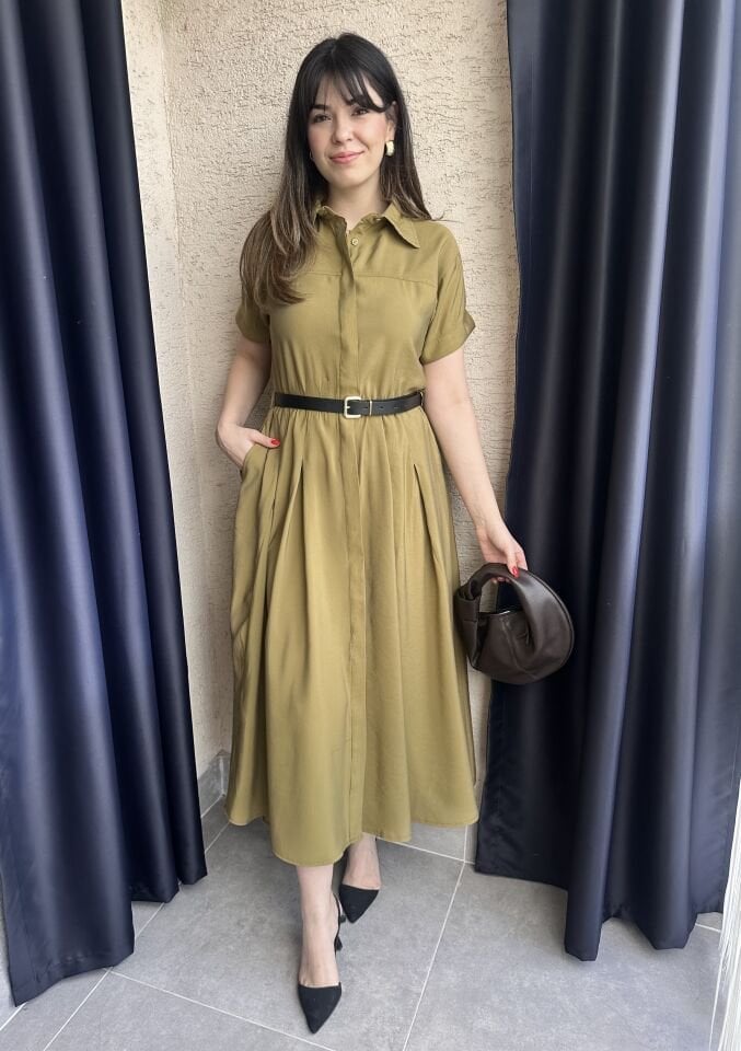 Klara Kısa Kollu Kemerli Yağ Yeşili Elbise