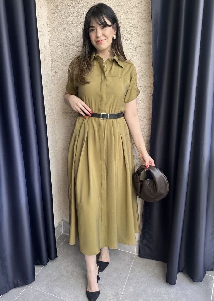 Klara Kısa Kollu Kemerli Yağ Yeşili Elbise