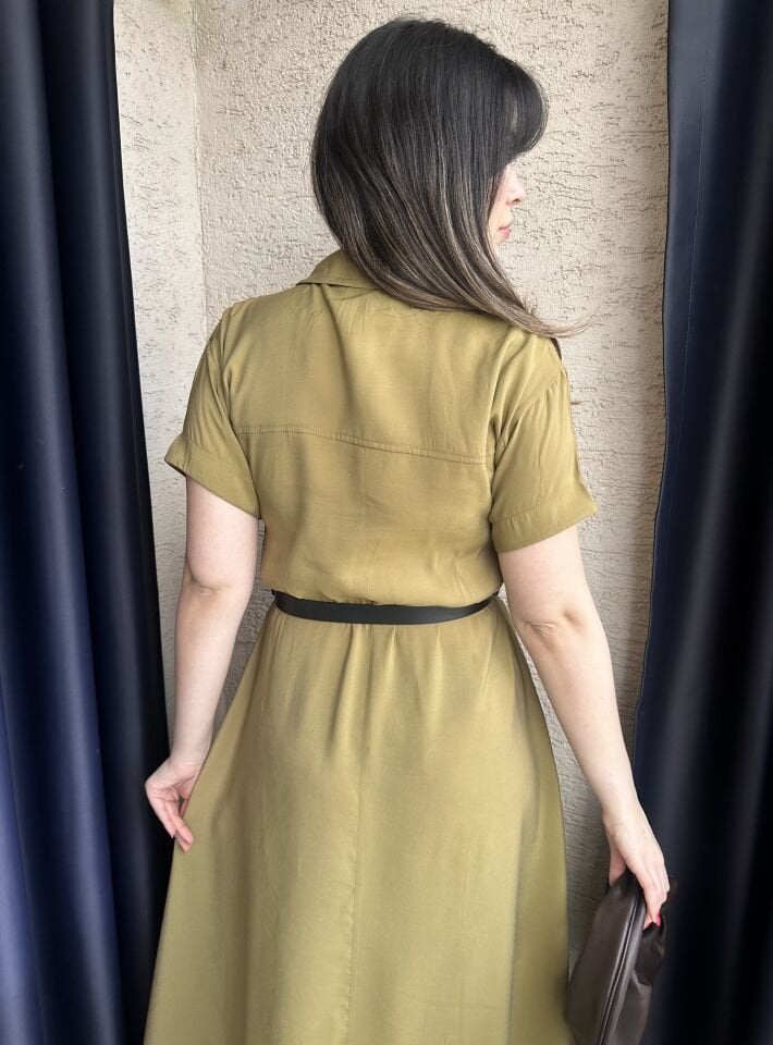 Klara Kısa Kollu Kemerli Yağ Yeşili Elbise