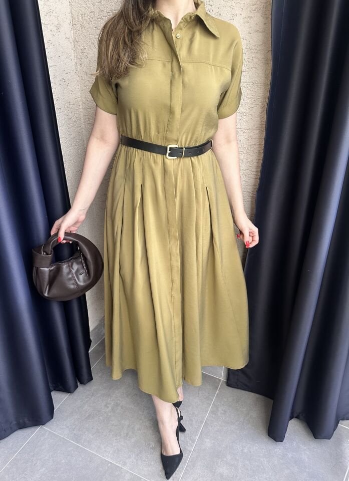 Klara Kısa Kollu Kemerli Yağ Yeşili Elbise