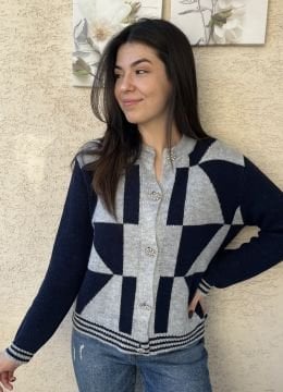 Taş Düğmeli Desenli  Gri-Lacivert Hırka