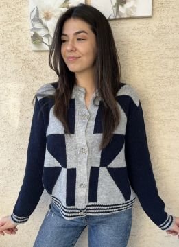 Taş Düğmeli Desenli  Gri-Lacivert Hırka