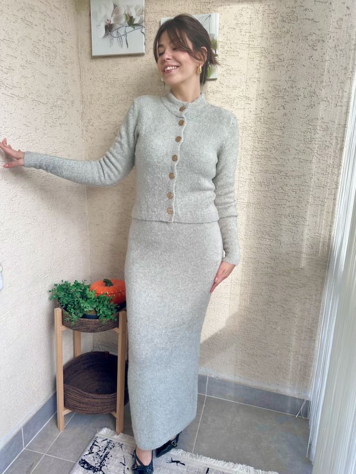 Gri Yumoş Etek Hırka Triko Takım